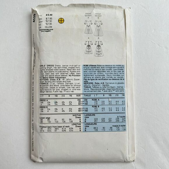 BUTTERICK SEWING PATTERN 4529 GIRLS FLOWER GIRL JUNIOR BRIDESMAID DRESS 7-10 UC - Picture 3 of 3